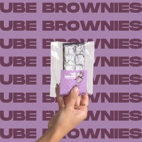 The Ube Brownie being held up by model's hand. 